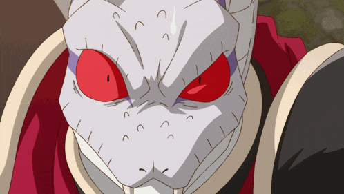 a cartoon character with red eyes and a snake head