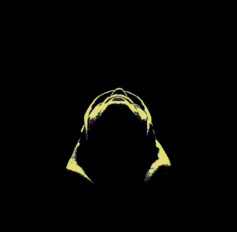 a black and white image of a person looking up in a circle with the number 444 on it .