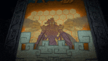 a painting of a statue with the letter g in the middle