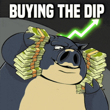a cartoon of a pig holding stacks of money with the words buying the dip below it