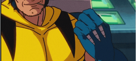a cartoon character is wearing a yellow hoodie and a blue glove with claws