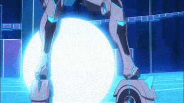a robot is standing in front of a glowing sphere