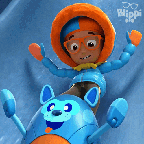 a cartoon character from blippi is riding a blue dog