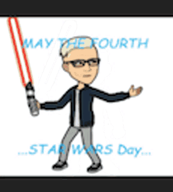 a cartoon of a man holding a purple light saber with the words may the fourth star wars day