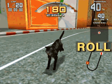a cat is walking on a road in a video game with the word roll in the foreground