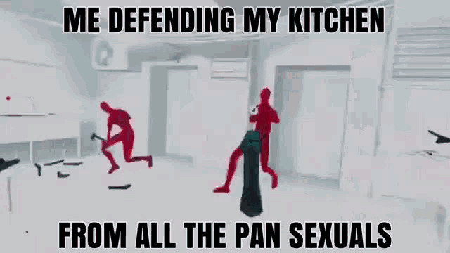 a group of people are running in a room with the words `` me defending my kitchen from all the pan sexuals '' written on it .