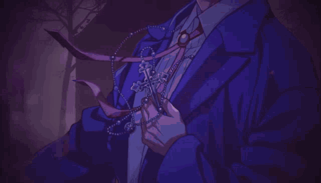 a purple background with a person in a blue suit