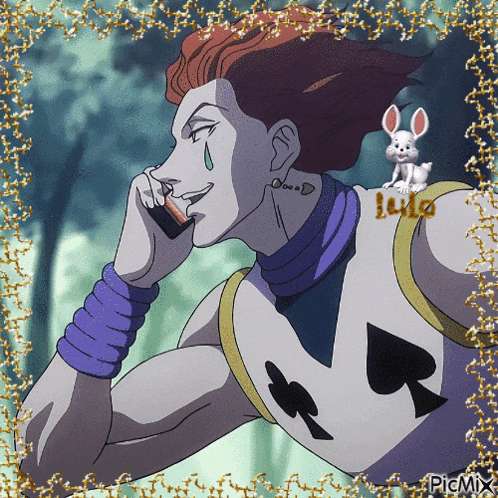 a picture of a man talking on a cell phone with a bunny sitting on his shoulder with the word picmix in the corner
