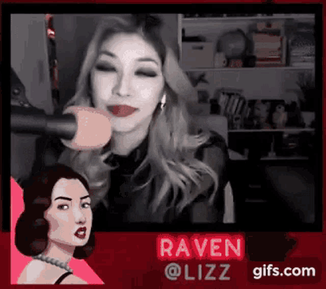 a woman is talking into a pink microphone while sitting in front of a red sign that says raven @lizz .