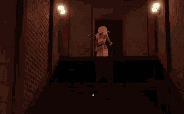 a girl with pink hair and braces is standing on a set of stairs in a dark room with a doorway .