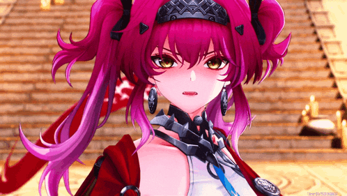 a close up of a girl with pink hair and a crown on her head