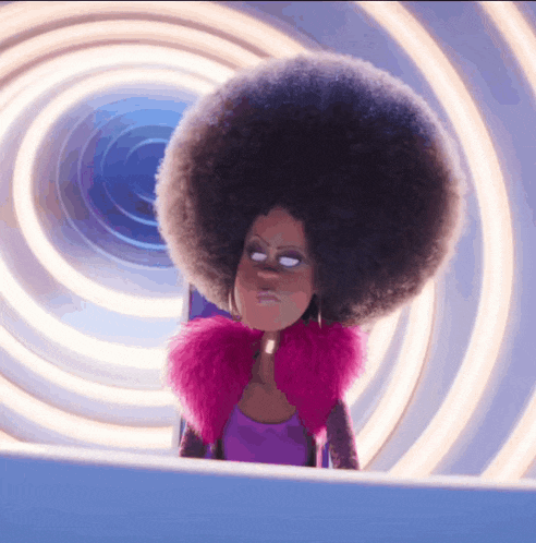 a cartoon character with a large afro and a pink fur coat