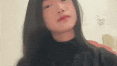 a young woman with long black hair is looking at the camera while wearing a black turtleneck .