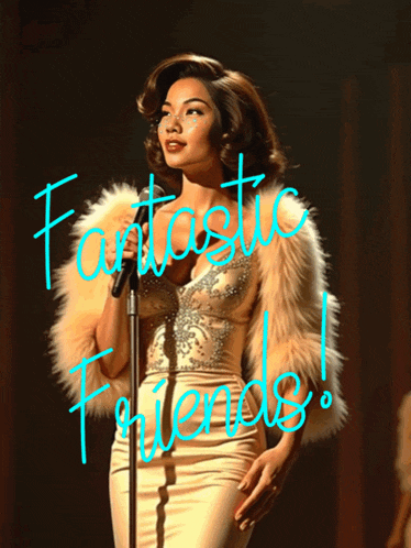 a woman in a fur coat sings into a microphone with fantastic friends written in blue