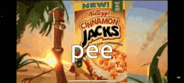 a box of kellogg 's cinnamon jacks cereal with the word pee on it