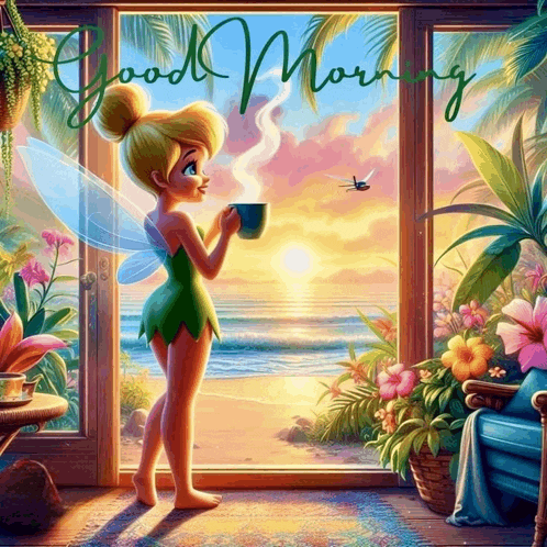 tinkerbell is holding a cup of coffee in front of a window with the words good morning written above her