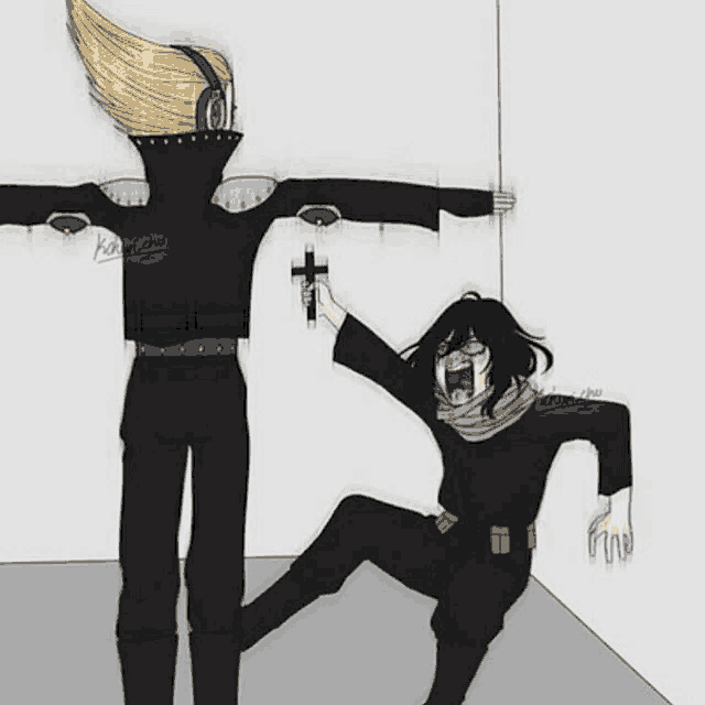 a drawing of two anime characters standing next to each other . one of the characters is holding a cross .