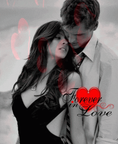 a black and white photo of a man and woman with the words forever in love