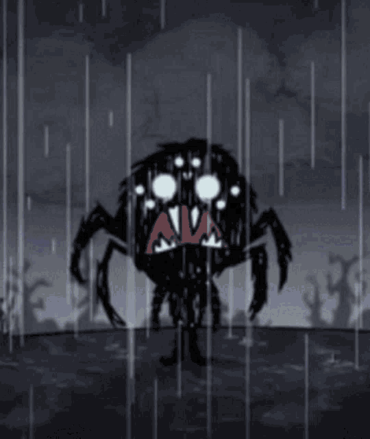 a cartoon spider is standing in the rain with its mouth open
