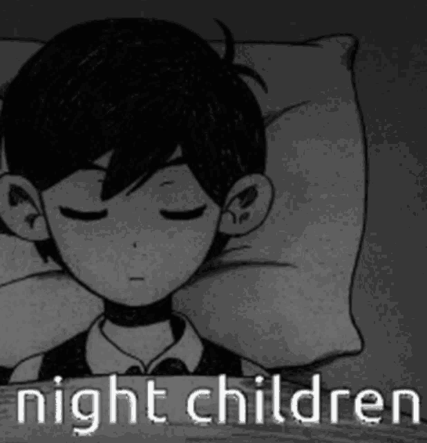 a black and white drawing of a boy laying in bed with the words night children above him