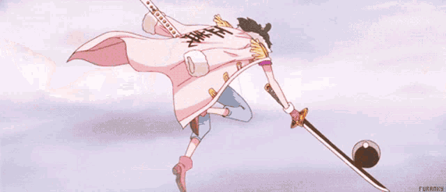 a cartoon drawing of a girl kneeling in front of a giant white object with the word furryky on the bottom