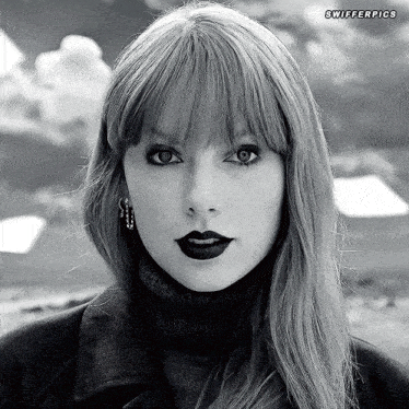 a black and white photo of a woman with swifter pics written below her