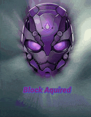a purple robot head with the words " block aquired " underneath it