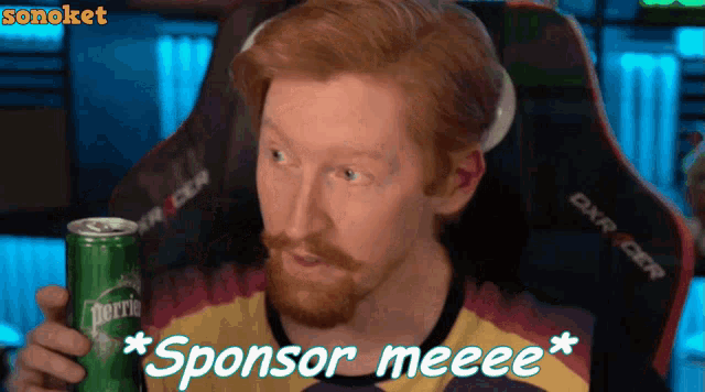 a man is holding a can of sprite and says sponsor meeeee