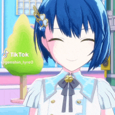 a girl with blue hair and a bow tie is smiling and looking at the camera .