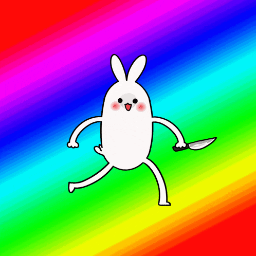 a cartoon rabbit is holding a knife in front of a rainbow background
