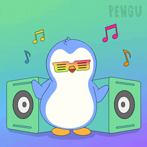 a penguin wearing sunglasses is standing in front of a pair of speakers with the word pengu above it