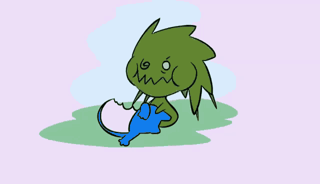 a cartoon drawing of a monster with sharp teeth eating a blue animal .