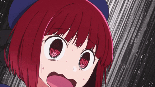 a girl with red hair and a blue hat is making a surprised face