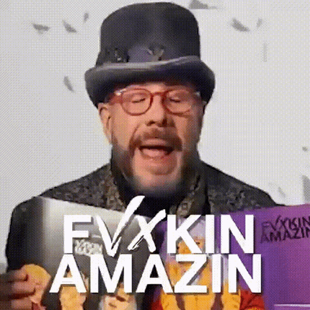 a man wearing a top hat and glasses is reading a book called evxkin amazin