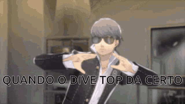 a man wearing sunglasses and a suit is dancing in a room with the words quando o dive top da certo .