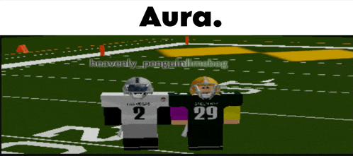 two football players standing on a field with aura written on the top