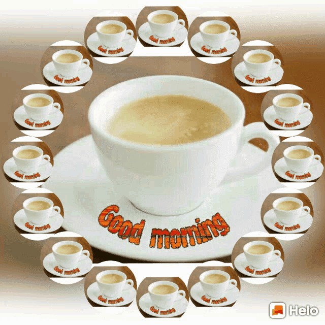 a cup of coffee on a saucer with the words good morning written on it