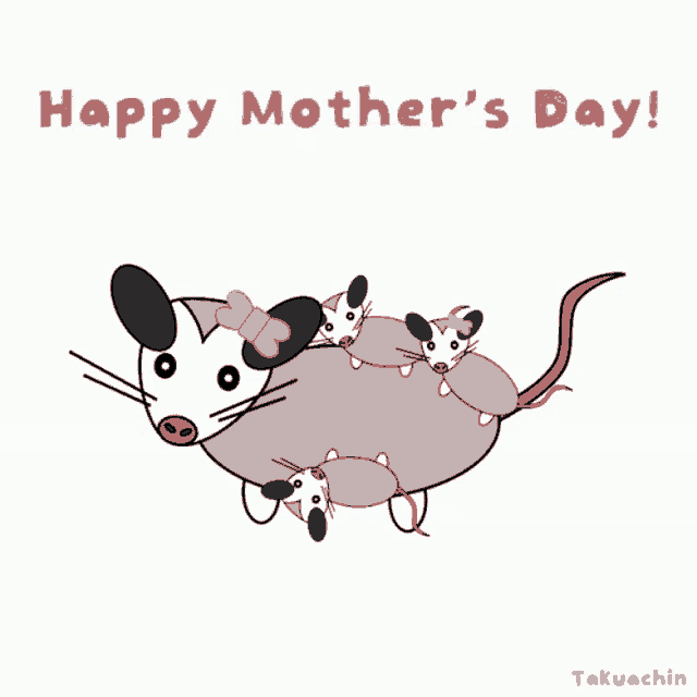 a happy mother 's day greeting card with an opossum carrying three babies
