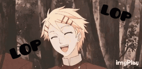 a cartoon character is laughing with the words lop behind him