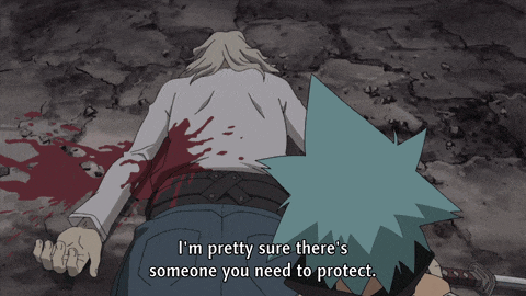 a cartoon character says i 'm pretty sure there 's someone you need to protect in front of a bloody man