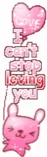 a pink rabbit is holding a pink heart shaped balloon and says `` i can 't stop loving you '' .