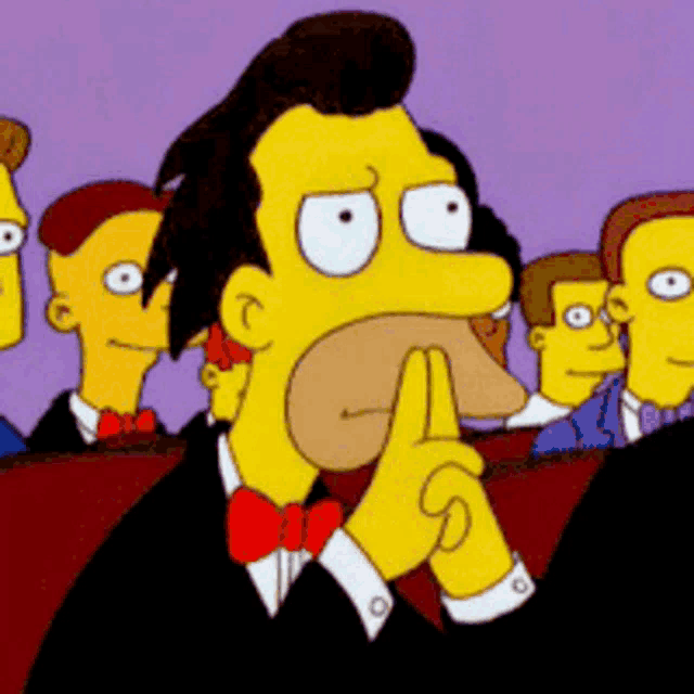 a cartoon of homer simpson sitting in front of a group of men