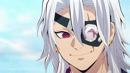 a close up of a person with white hair wearing a mask on their eye .