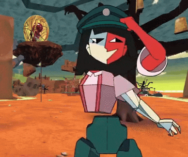 a cartoon character wearing a green hat salutes