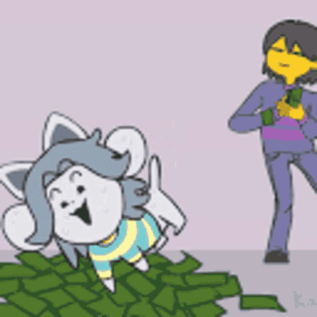a cartoon of a person standing next to a pile of money and a dog laying on the ground