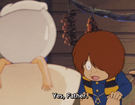 a cartoon character says " yes father " in front of a white ball