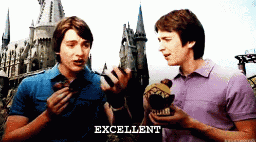 two men are eating cupcakes in front of a castle and the word excellent is on the screen