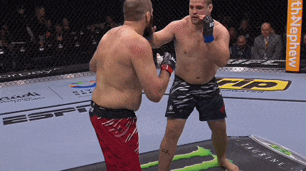 two men are fighting in a cage with a monster energy drink advertisement in the background .