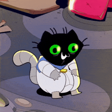 a cartoon cat with green eyes is holding a piece of cheese
