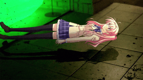 a girl with pink hair is laying down on the ground